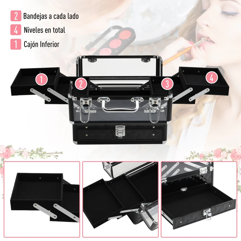HOMCOM Maletín de Maquillaje Bisutería Organizador Cosméticos Portátil Múltiples Niveles Con Asa y Bandejas Desplegables Aleación de Aluminio 30x18,5x22 cm Transparente y Negro