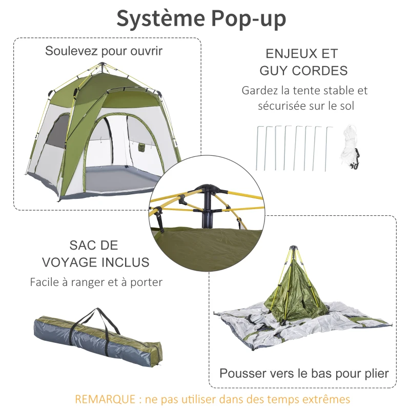 Outsunny Tente de camping, tente pop up dôme familiale 4 personnes, avec 4 portes 4 fenêtres sac de transport inclus pour le camping randonnée vert gris