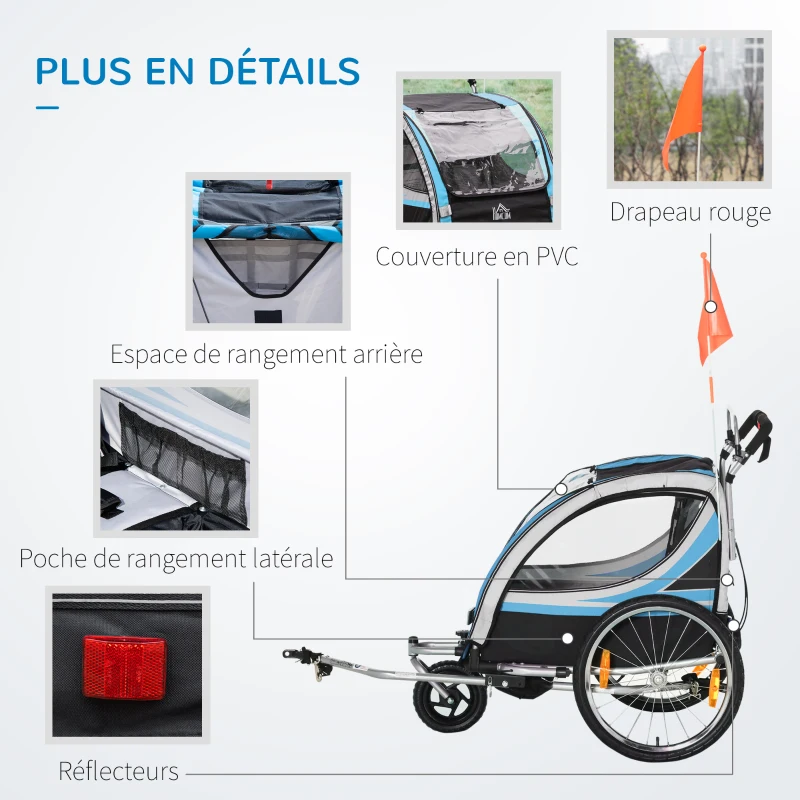 HOMCOM Remorque vélo pour enfant 2 en 1 convertible jogger poussette capacité 26,4 kg avec réflecteurs et drapeau - 2 places  - bleu