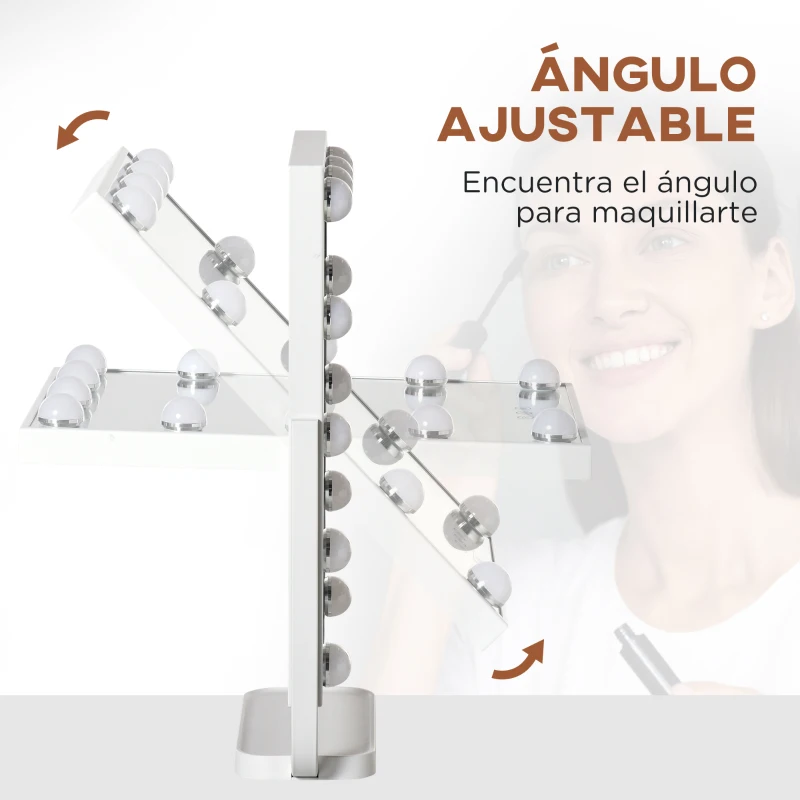 HOMCOM Espejo de Maquillaje con Luz Espejo Hollywood de Mesa con 12 LED 3 Modos y Luz Ajustable Pantalla Táctil y Función de Memoria para Dormitorio Baño 32,8x11x47,4 cm Blanco