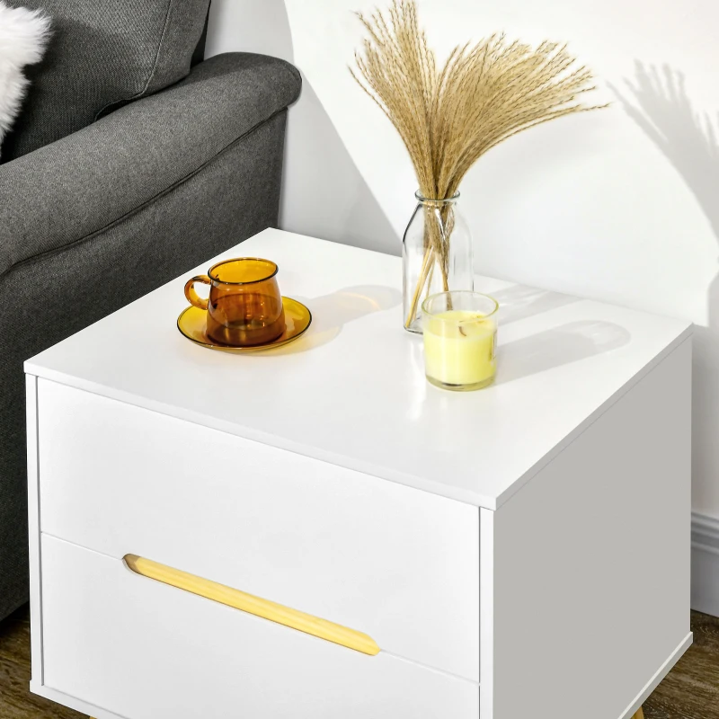 HOMCOM Mesita de Noche con 2 Cajones y Patas de Madera Mesilla de Noche Estilo Moderno 50x40x50,5 cm Blanco