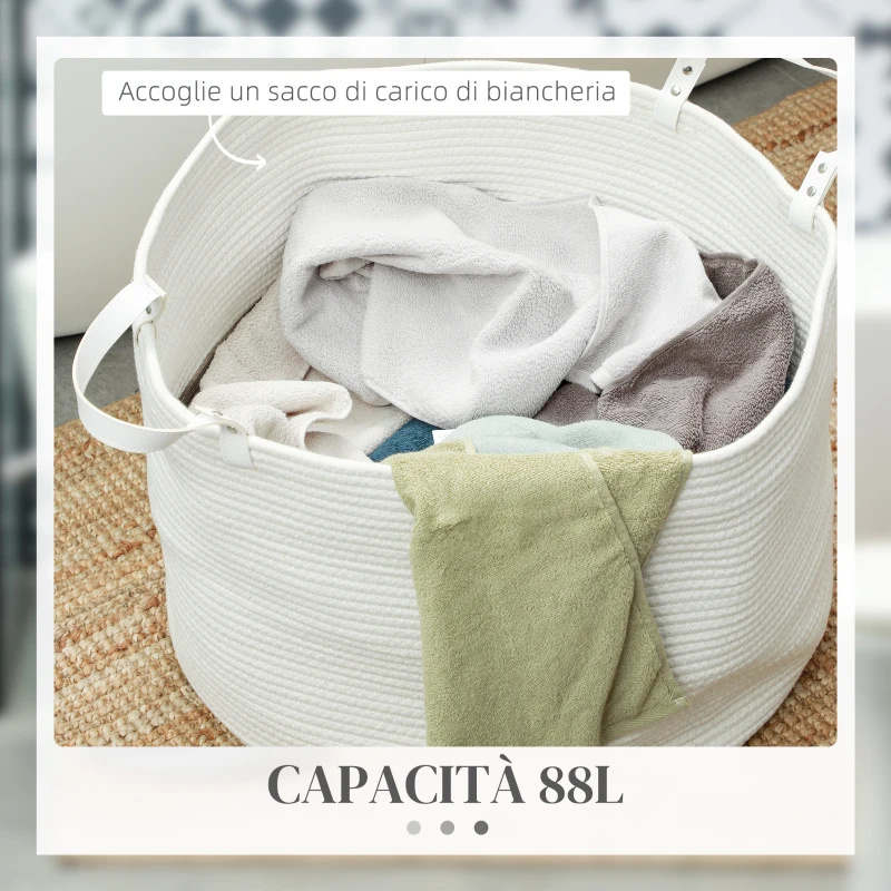 HOMCOM Cesto Portabiancheria da 88L Portatile e Pieghevole con Manici in Cotone Naturale, Ø56x35.5 cm, Crema