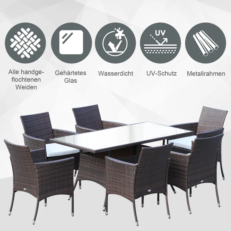 Outsunny 7 tlg. Polyrattan Gartenmöbel Rattan Gartenset Sitzgruppe Garnitur Essgruppe inkl. Kissen 6 Personen Braun+Creamweiß 150 x 80 x 74 cm