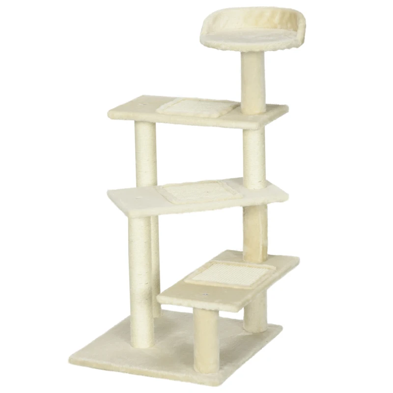 PawHut Kratzbaum 100 cm Katzenturm mit Sisalstämme, große Plattform, mehrstöckiger Katzenkratzbaum, Kletterbaum, für kleine & mittelgroße Katzen, Beige