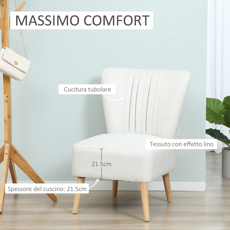 HOMCOM Poltrona Imbottita per Soggiorno e Sala in Stile Nordico, Poltroncina da Camera in Tessuto e Gambe in Legno, Bianco