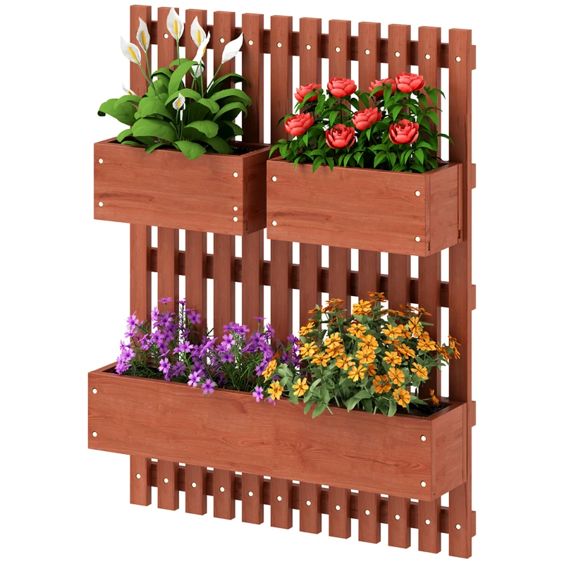 Outsunny Wall-mounted Wooden Garden Planters with Trellis, Drainage Holes and 3 Planter Boxes for Patio, Brown