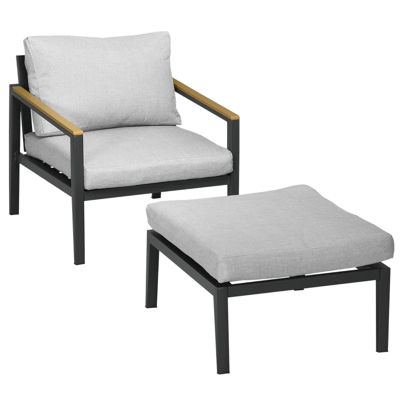 Outsunny Gartensessel mit Ottomane für 2 Personen, abnehmbare Bezüge, wetterbeständig, Hellgrau + Schwarz