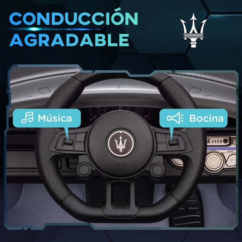 AIYAPLAY Coche Eléctrico para Niños de +3 Años Maserati GT2 con Mando a Distancia Faros LED Bocina Música Ruedas Auxiliares Gris