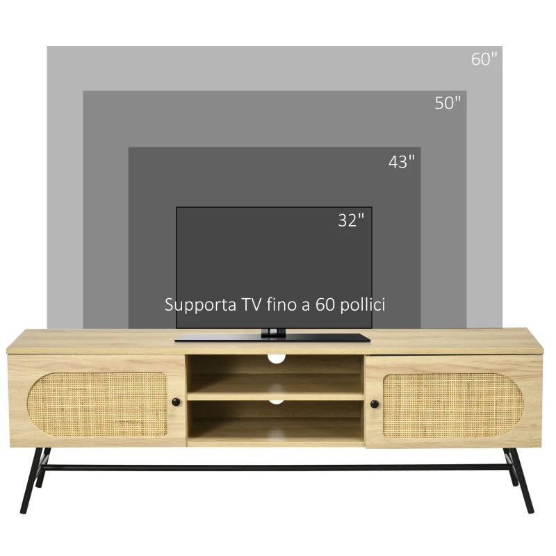 HOMCOM Mobile Porta TV fino 60" in Legno e Rattan Stile Boho con 2 Armadietti, 50x39x48.3cm, Naturale