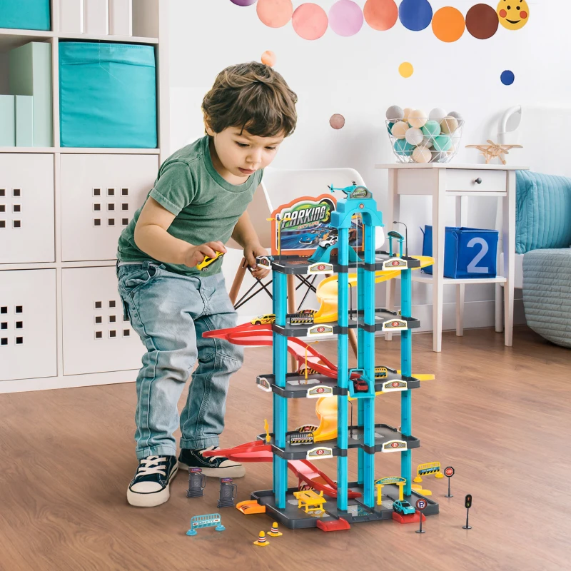 HOMCOM 5-Level Car Parking Garage Toy Race Tracks Car Ramp Set Toddler Car Games w/ Cars & Helicopter Elevator Gas Station Car Repair Station for 3-6 Years Old