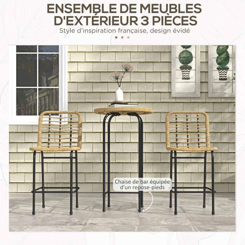 Outsunny Ensemble 3 pièces 1 table haute ronde design bohème + 2 tabourets ronds avec repose-pied en métal 2 personnes naturel