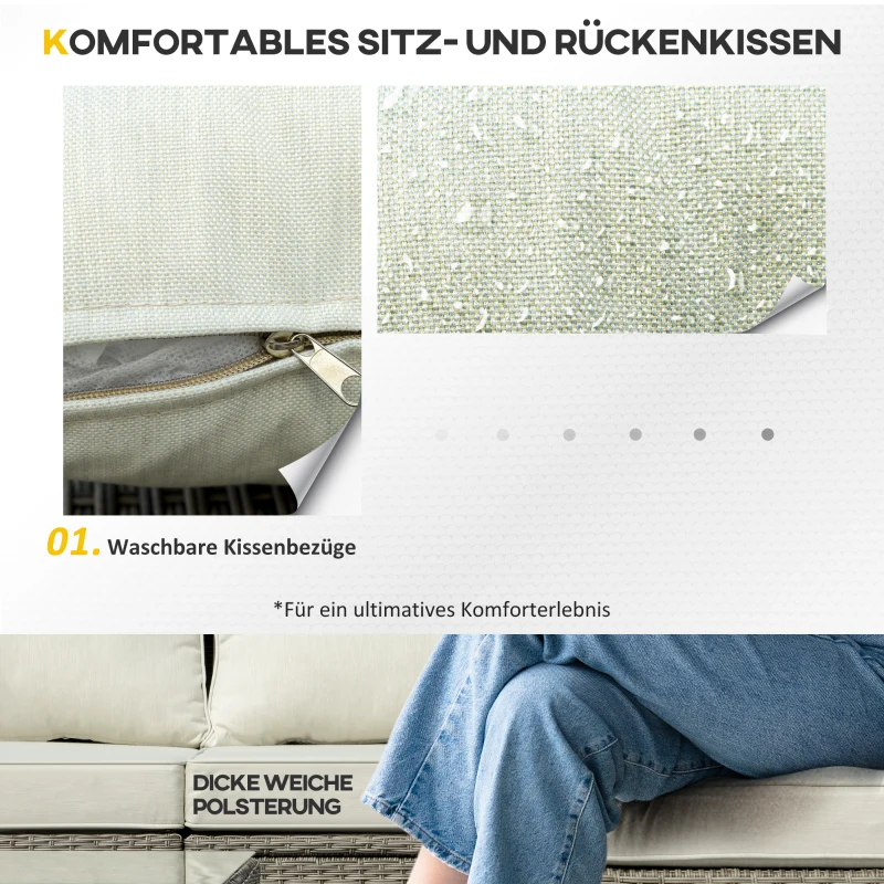 Outsunny Polyrattan Gartenmöbel Set für 3 Personen Gartengarnitur mit Beistelltisch Kissen Aluminium Hellgrau+Beige