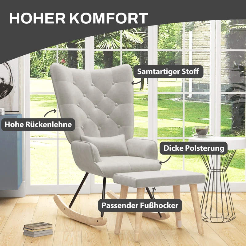 HOMCOM Schaukelsessel mit Hocker, gepolstert, hohe Rückenlehne, Samtoptik, bis 150 kg, Cremeweiß