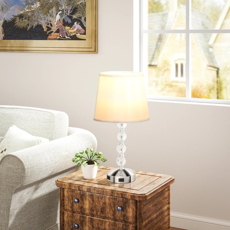 HOMCOM Lampada da Tavolo con Cristalli e Porta USB, in Metallo, Vetro e Poliestere, Ø23x45 cm, Bianco e Argento