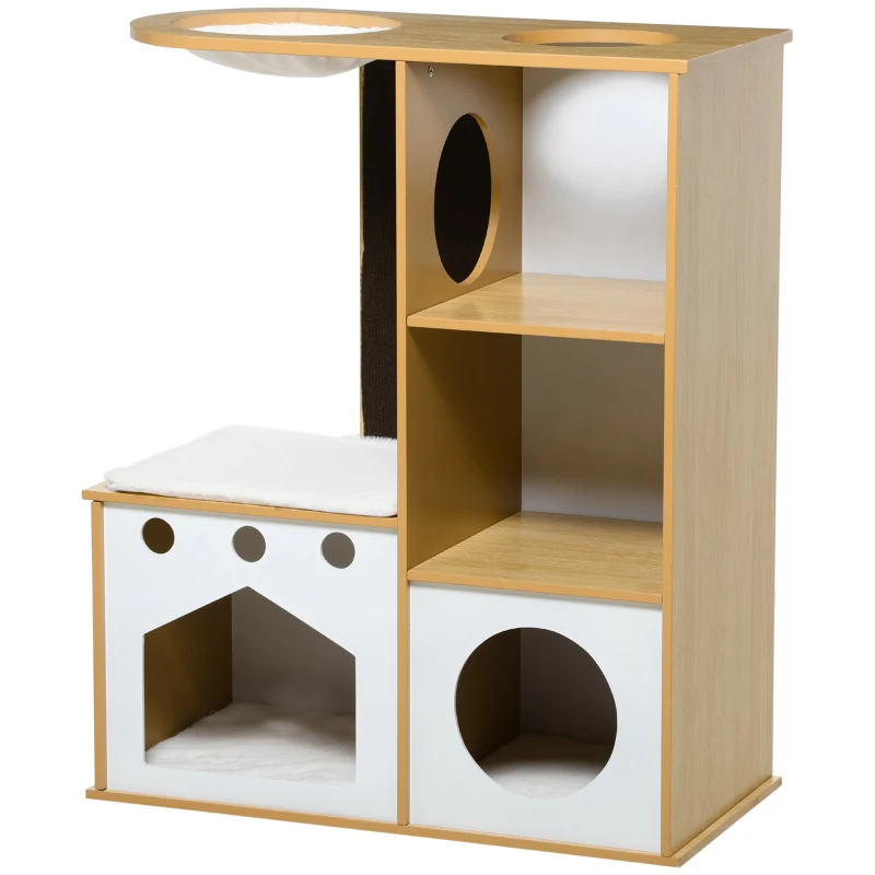 PawHut Árbol Rascador para Gatos de Madera para Gatos con 2 Cuevas Rascador Hamaca y Cojines de Felpa 76x37x92,5 cm Roble