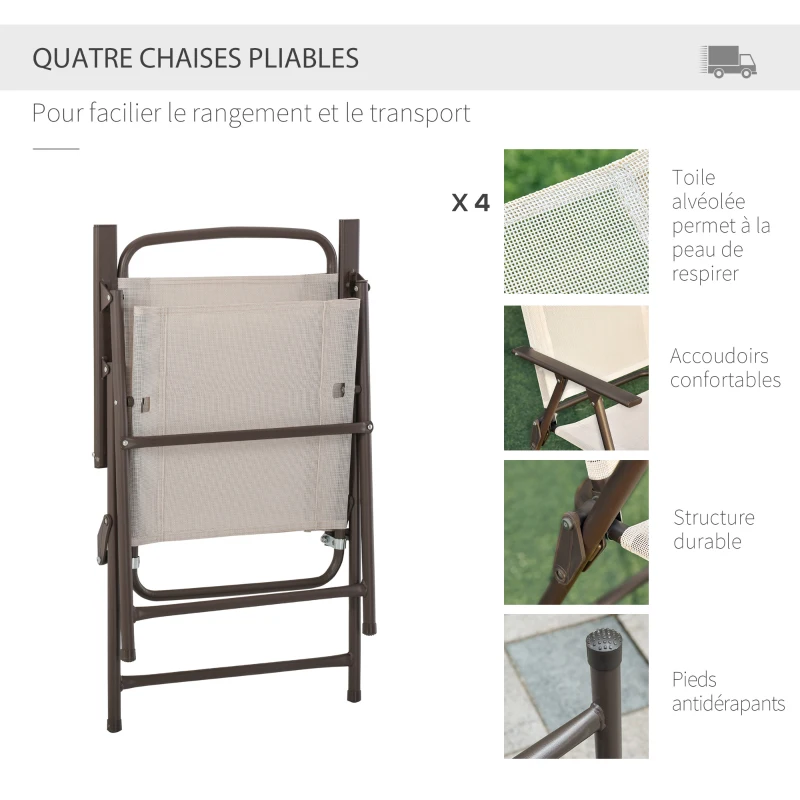 Outsunny Ensemble Salon de Jardin 6 pcs - Table Ronde + 4 chaises Pliables + Parasol - Acier époxy café textilène Polyester Beige