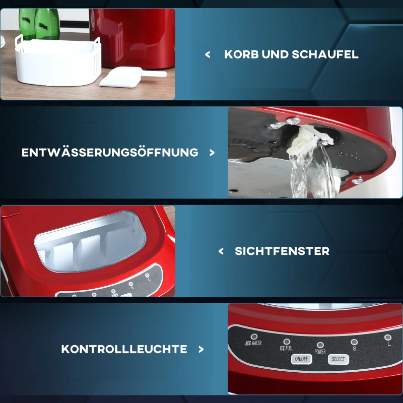 HOMCOM Eiswürfelmaschine, 2, 2 Liter, 12 kg in 24 h, Eiskugeln, selbstreinigend, inkl. Eiswanne + Eisschaufel, Rot