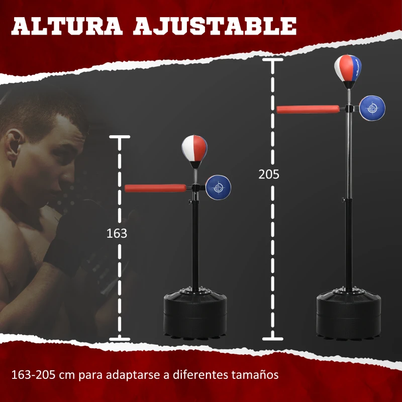 SPORTNOW Pera de Boxeo de Pie Bola de Velocidad y Barra Giratoria Altura Ajustable y Base Rellenable 80,5x48x163-205cm Negro Rojo