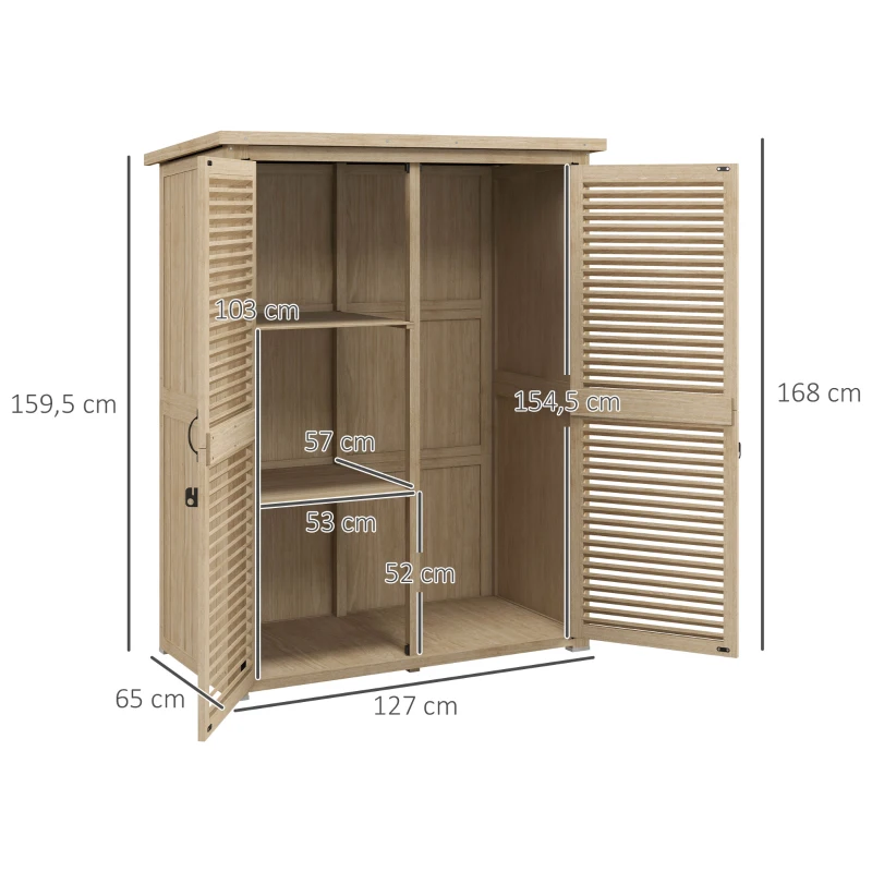 Outsunny Armario de Jardín 0,83 m² 127x65x168 cm con 2 Puertas de Persiana 2 Estantes 2 Asas y Techo Impermeable Natural