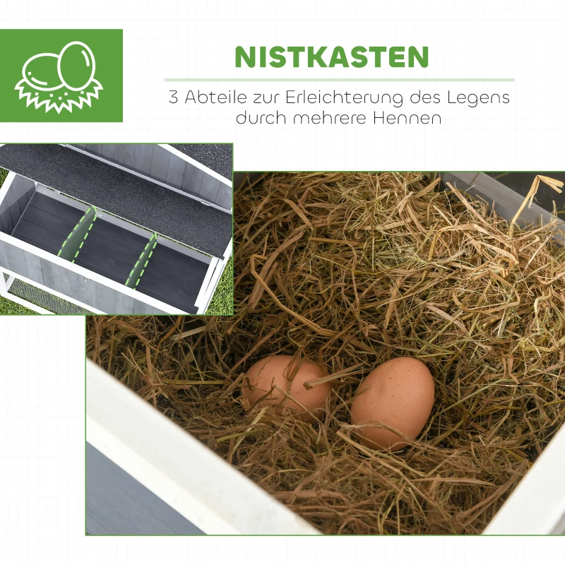 PawHut Hühnerstall mit Auslauf für 3-4 Hühner, 3-tlg. Nistkasten, 1,9 m² Fläche, Tannenholz, Grau(m-6)