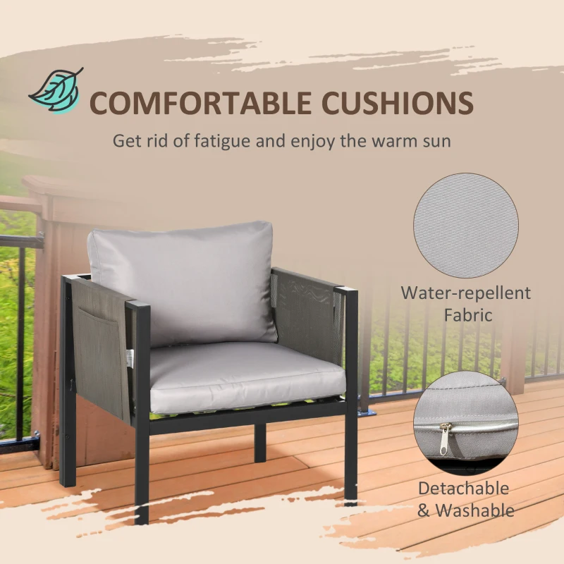 Outsunny 4 Piece Metal Garden Furniture Set with Tempered Glass Coffee Table, Texteline Pocket, Outdoor Set Loveseat Single Armchairs with Padded Cushions, Light Grey