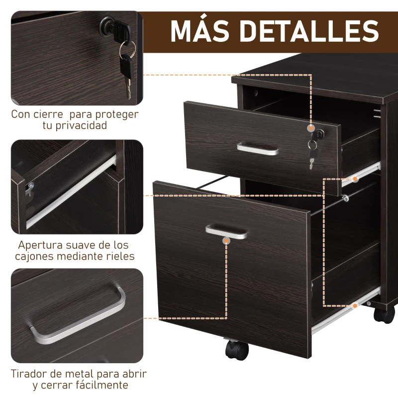 Vinsetto Archivador Móvil para Archivos A4 con Ruedas Gabinete de Archivos Suspendidos con 2 Cajones y Cerradura 40x45x55,6 cm wengué