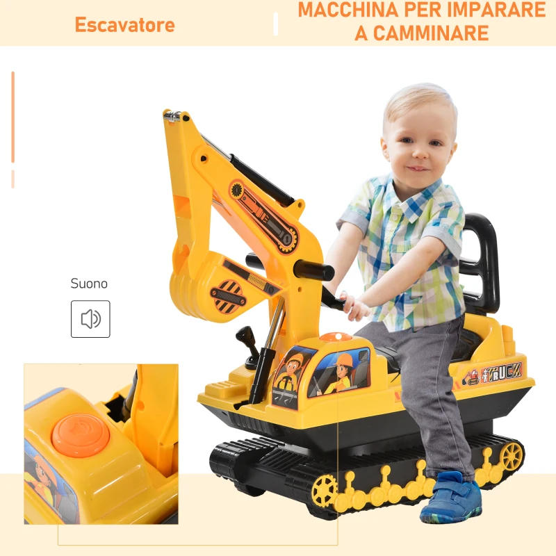 HOMCOM Escavatore Ruspa Giocattolo Cavalcabile per Bambini max. 30 kg con Schienale, Braccio Mobile e Vano Contenitore, 78x24x58.5cm