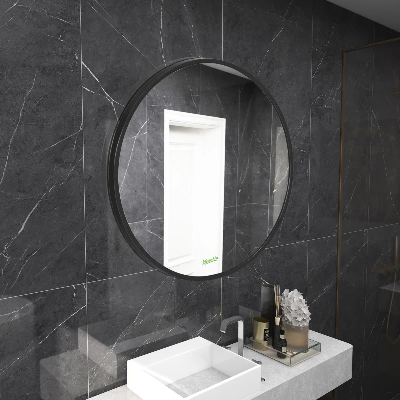 kleankin Round Bathroom Mirror, Modern Wall-mounted Makeup Mirror with Aluminium Frame for Washroom Living Room, Black, 50x50 cm