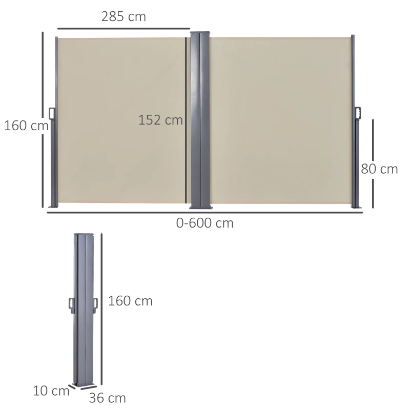 Outsunny Toldo Lateral Retráctil Doble 600x160 cm Pantalla de Privacidad Extensible con Ángulo Ajustable y Protección UV 50+ para Jardín Balcón Terraza Beige