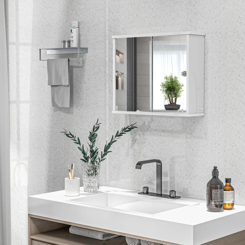 kleankin Armario con Espejo de Pared con Estante Ajustable y Puerta Corredera Doble para Lavabo 55x15x45 cm Blanco Brillante