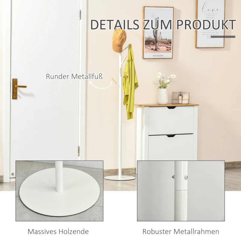 HOMCOM Garderobenständer mit 6 Haken Standgarderobe mit Metallfuß Kleiderständer Flurgarderobe Metall Weiß 35 x 35 x 174 cm