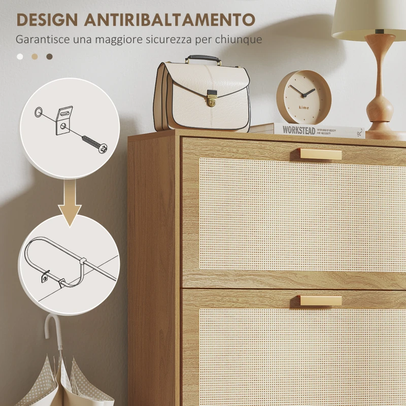 HOMCOM Mobile Scarpiera per 18 Paia di Scarpe con 3 Cassetti Ribaltabili in Legno e Rattan, 80x25x120 cm, Marrone