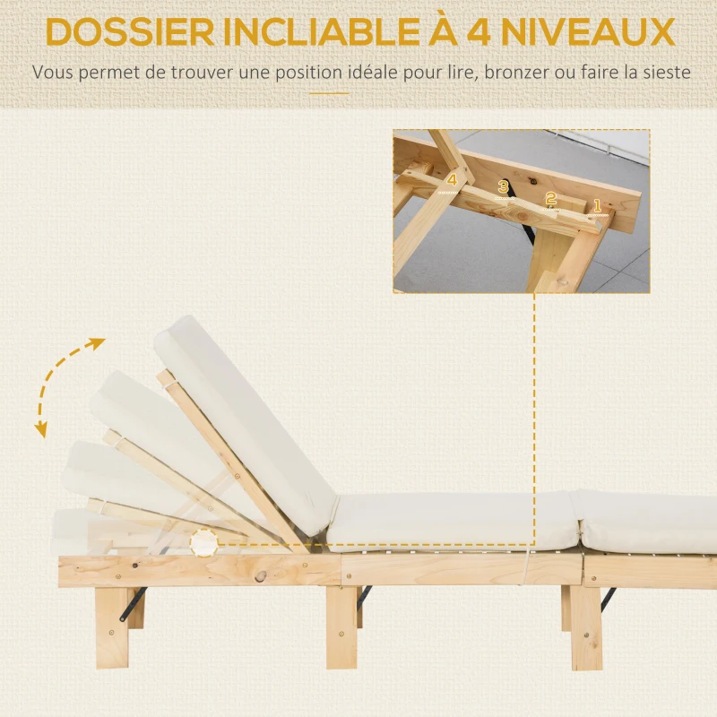 Outsunny Bain de soleil transat pour jardin avec matelas rembourré - dossier réglable 4 positions - pliable - dim. 195L x 59l x 30H cm