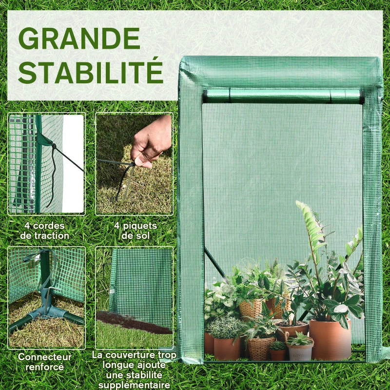 Outsunny Serre de jardin PE, serre de balcon, bâche renforcée 140 g/m², châssis en acier, porte zippée enroulable, pour légumes plantes fleurs, intérieur et extérieur, 100 x 50 x 150 cm, vert