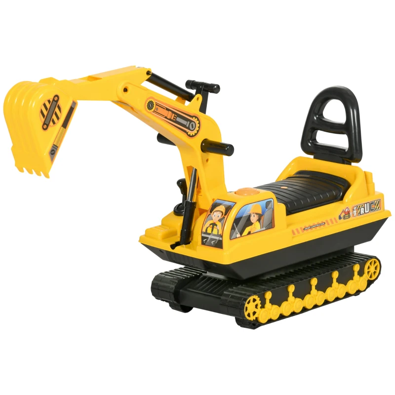 HOMCOM Excavadora sin Pedales con Brazo Móvil Correpasillos con Asiento de Almacenaje 78x24x58,5 cm Amarillo