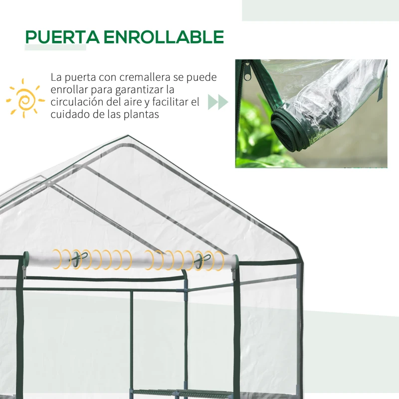 Outsunny Invernadero de Exterior Invernadero de Jardín de 3 Niveles con Estantes Marco de Acero Cubierta de PVC para Cultivo de Plantas Flores Verduras 143x143x195 cm Translúcido y Verde