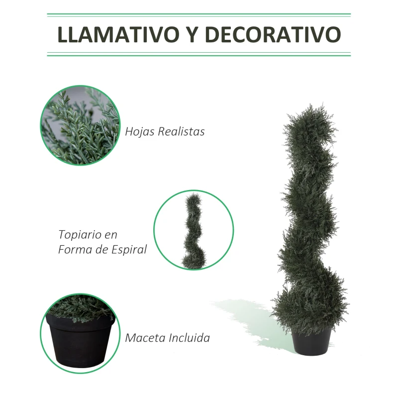 Outsunny Planta Artificial Decorativa de 90 cm con Maceta Árbol de Cedro con Poda Topiaria en Espiral de 650 Hojas Verde Oscuro