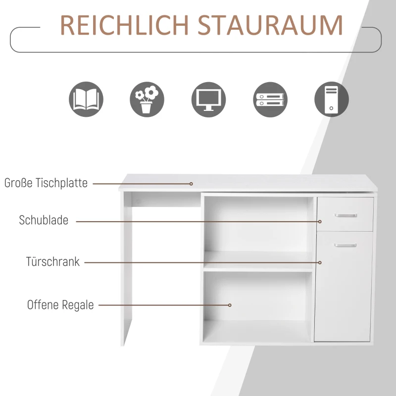 HOMCOM Eckschreibtisch Arbeitstisch Winkelschreibtisch PC-Tisch Computertisch Bürotisch 180-Grad-Design mit Regal und Schublade L-Form drehbar platzsparend Spanplatte Weiß 117x 82x74 cm