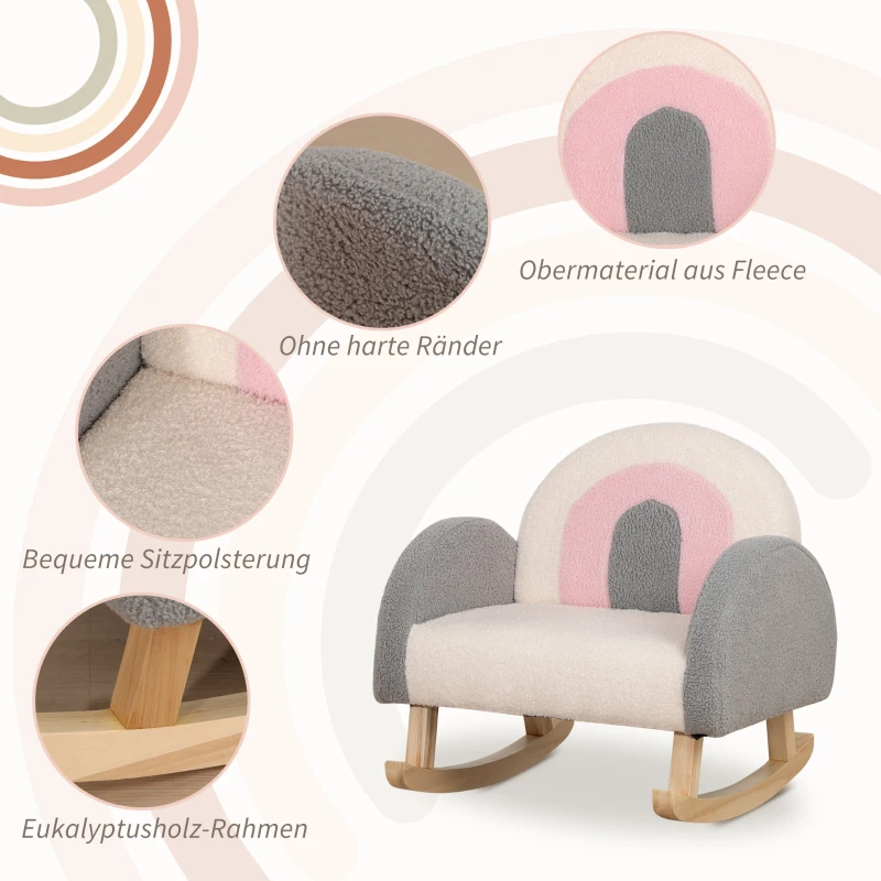 HOMCOM Schaukelstuhl für Kleinkinder, niedliches Design, Schaffell-Imitat, Eukalyptusholz, 50 x 45 x 44cm, grau+rosa+creme