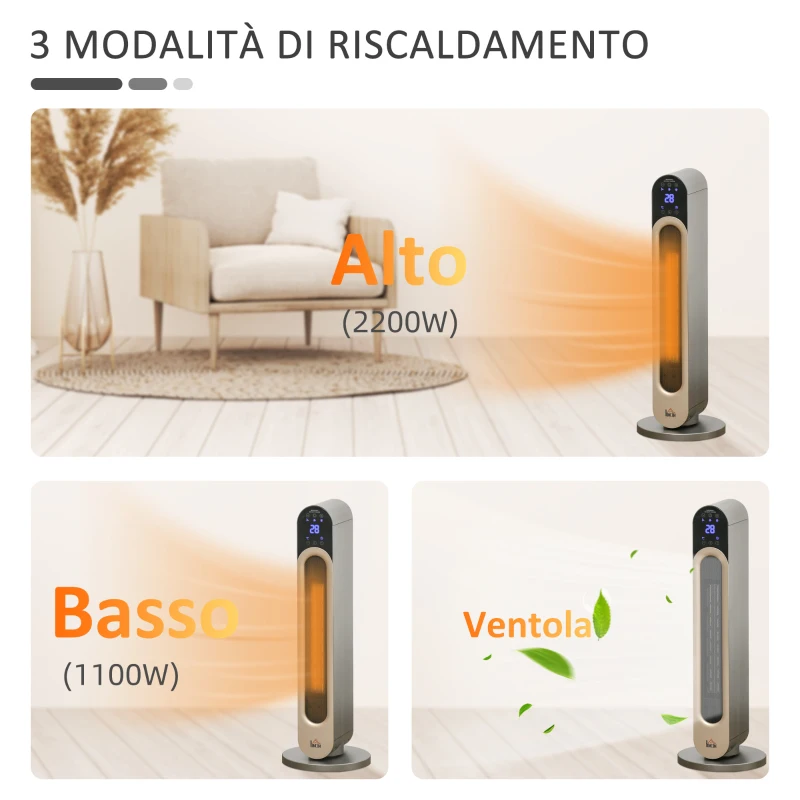 HOMCOM Stufetta Elettrica a 3 Modalità di Riscaldamento Regolabile con Telecomando, Φ25x73.5 cm, Argento