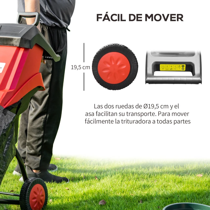 Outsunny Trituradora de Jardín 2500W con 2 Cuchillas de Volteo hasta Ø40 mm de Ramas Bolsa de Recolección de 50L y Ruedas para Malas Hierbas 52x39x89 cm Negro y Rojo