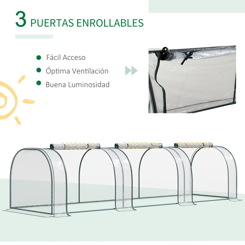 Outsunny Invernadero de Exterior 350x100x80 cm Invernadero de Jardín con 3 Puertas Enrollables Marco de Acero y para Cultivos Plantas Flores Transparente