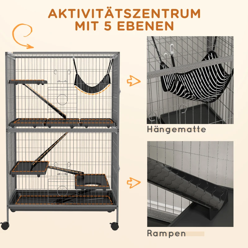 PawHut Kleintierkäfig mit Hängematte, Nagetierkäfig mit Rollen, 4-stöckiger Käfig, Metall, Kunststoff, 80 x 52 x 128 cm, Grau(m-6)