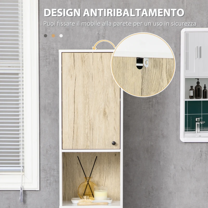 kleankin Colonna Bagno con 2 Ripiani Aperti e 2 Armadietti in Truciolato, 31.5x30x169 cm, Bianco e color Legno