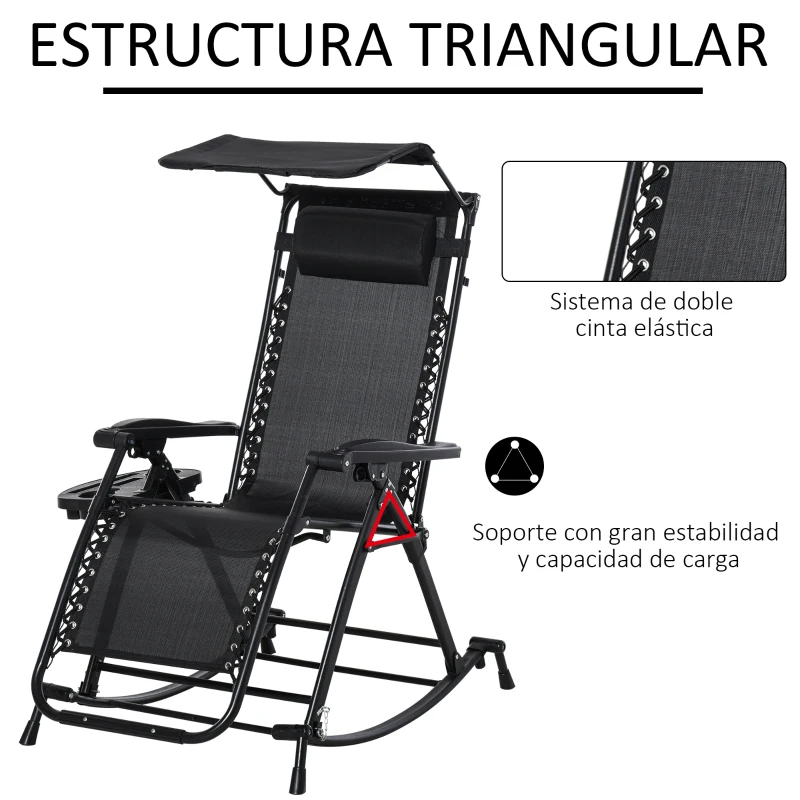Outsunny Silla Mecedora de Jardín Plegable Tumbona Reclinable con Techo Protección Solar Reposacabezas Extraíble y Reposapiés Estructura de Acero 120x67x102 cm Negro