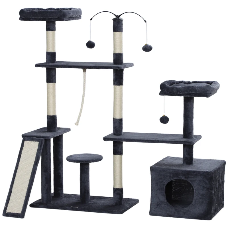 PawHut Rascador para Gatos 134 cm Torre para Gatos con Nidos Plataformas Bolas de Juguete y Postes de Sisal Gris Oscuro
