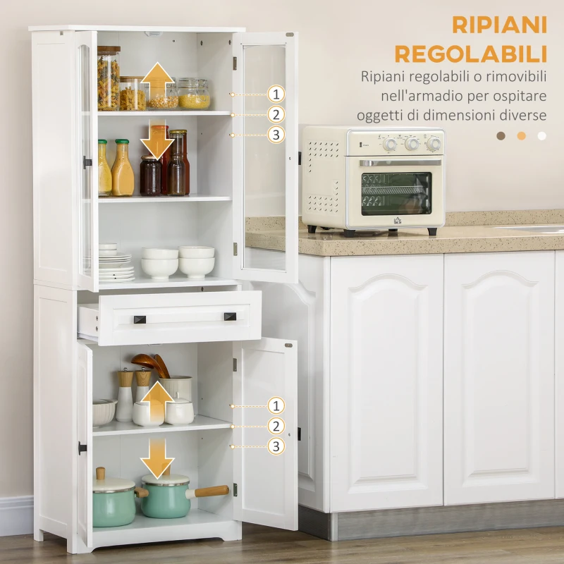 HOMCOM Credenza da Cucina Alta con 2 Armadietti e Cassetto, Ante a Vetri e Ripiani Regolabili, 60x30x160cm, Bianco