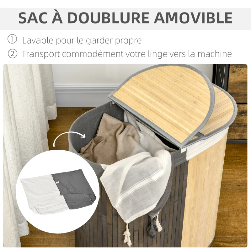 HOMCOM Panier à linge en bambou 100L avec 2 sections couvercle et sac amovible 62,5 x 37 x 60,5 cm - gris