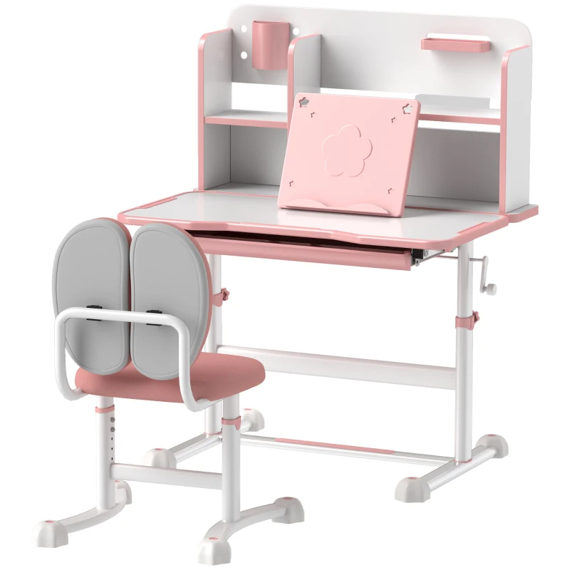 AIYAPLAY Set Scrivania e Sedia per Bambini Regolabili, Banco Scuola con Piano Inclinabile, Cassetto, Scaffale, Rosa