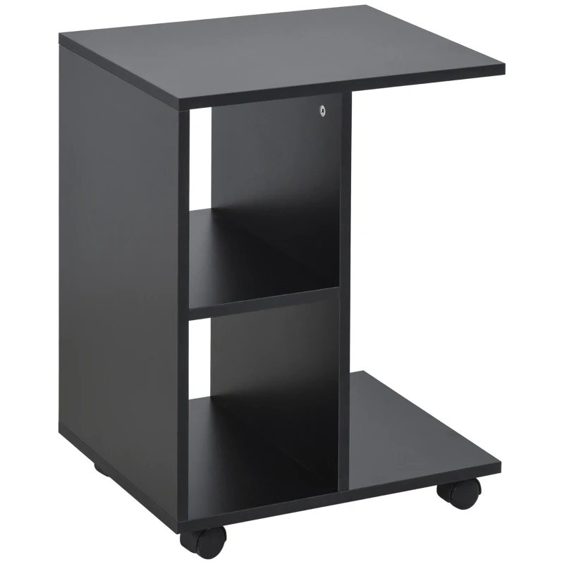 HOMCOM C-Shape End Table Unique Storage Unit w/ 2 Shelves 4 Wheels Freestanding Home Furniture Cabinet Square Black